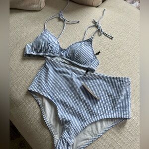 J. Crew blue seersucker French tie bikini